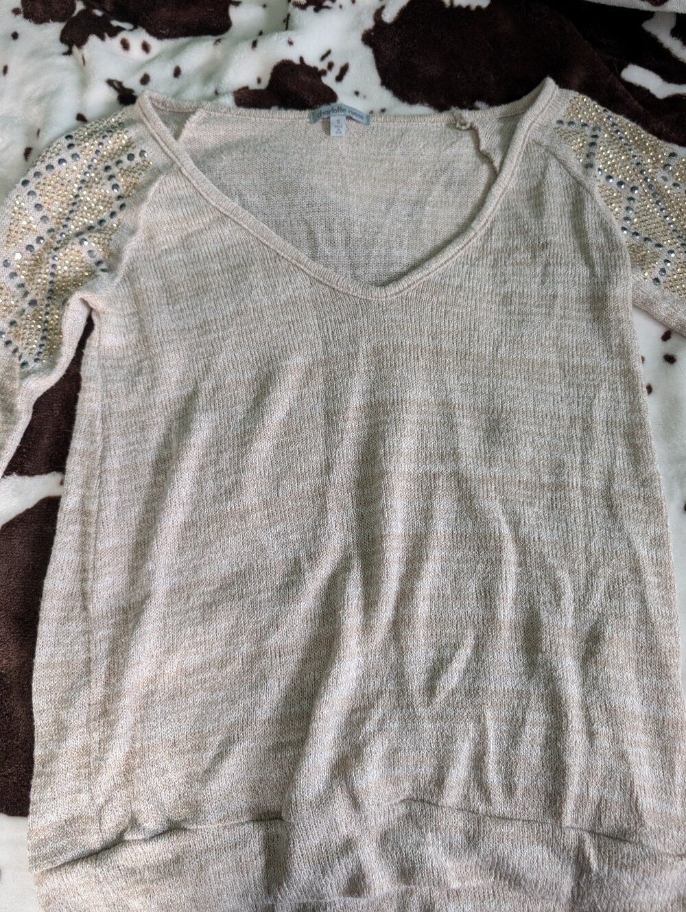 Charlotte Russe Beige V-Neck Sweater with Embellished Sleeves!!